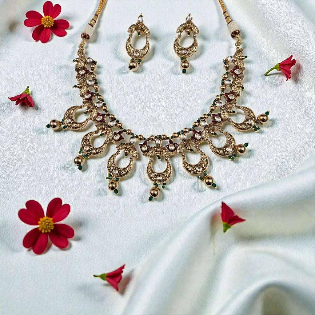 Antique Gold AC Kundan Necklace Set with Ruby, Crescent Motifs & Green Bead Drops - Shangri 