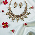 Antique Gold AC Kundan Necklace Set with Ruby, Crescent Motifs & Green Bead Drops - Shangri 