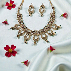Antique Gold AC Kundan Necklace Set with Ruby, Crescent Motifs & Green Bead Drops