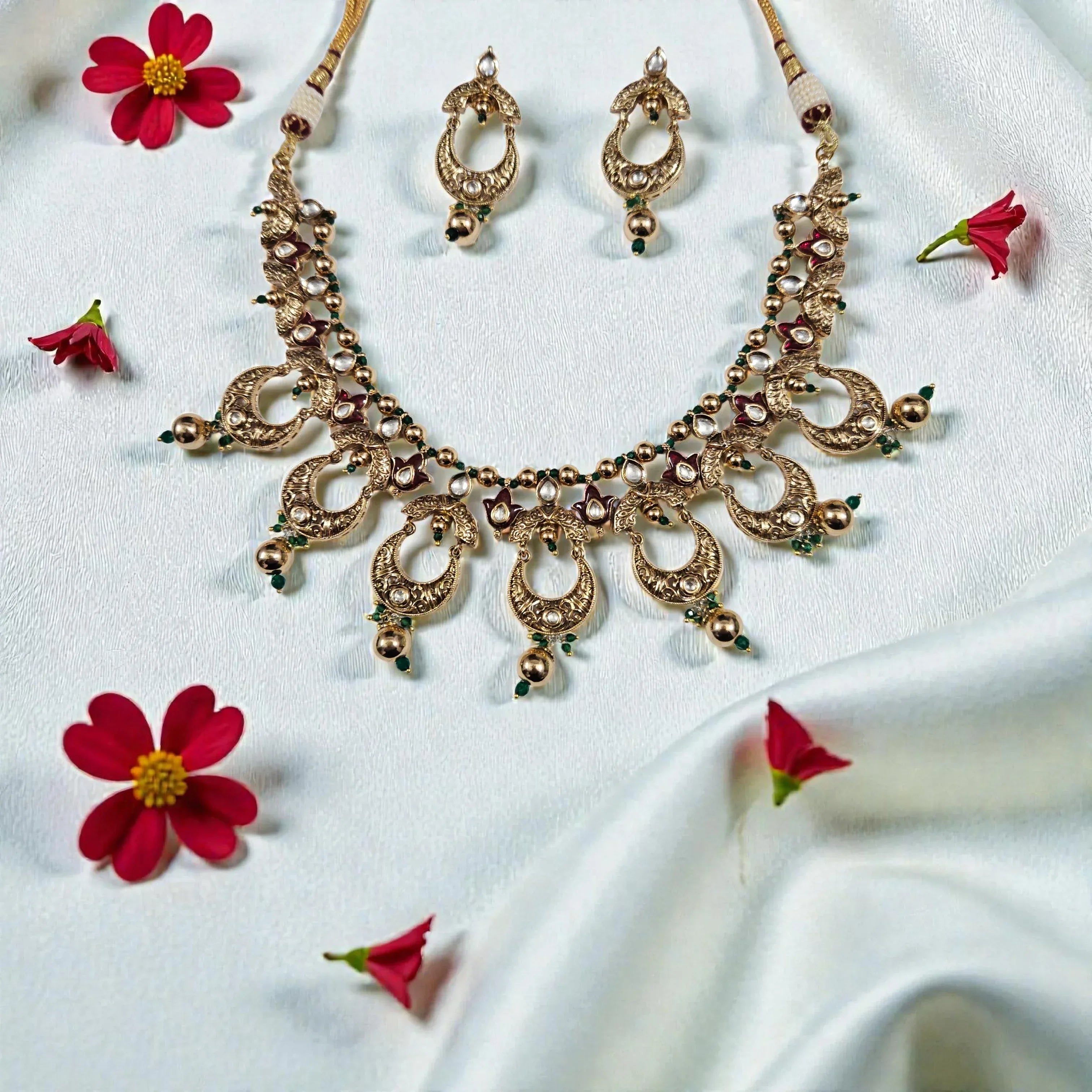 Antique Gold AC Kundan Necklace Set with Ruby, Crescent Motifs & Green Bead Drops - Shangri 