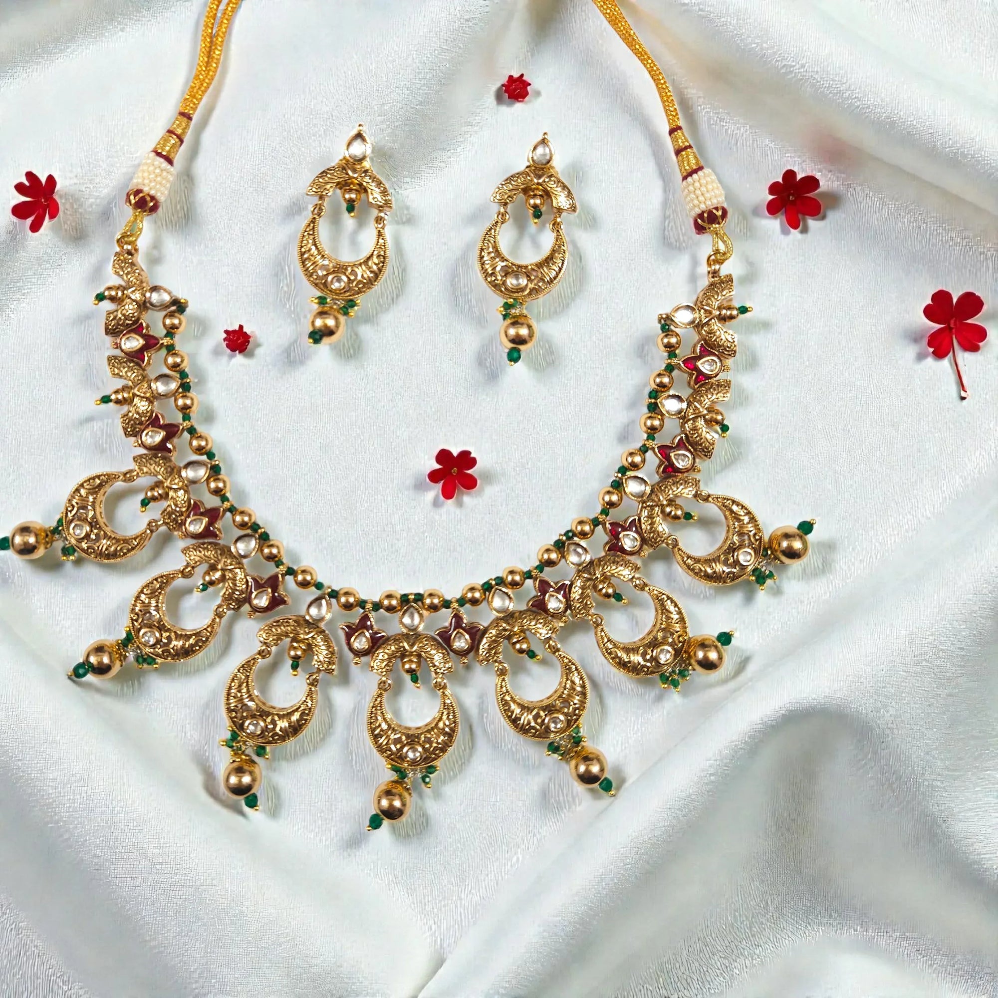 Antique Gold AC Kundan Necklace Set with Ruby, Crescent Motifs & Green Bead Drops - Shangri 