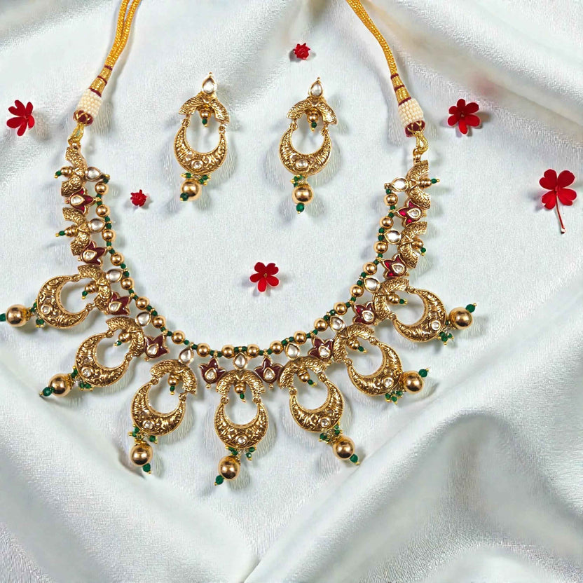 Antique Gold AC Kundan Necklace Set with Ruby, Crescent Motifs & Green Bead Drops