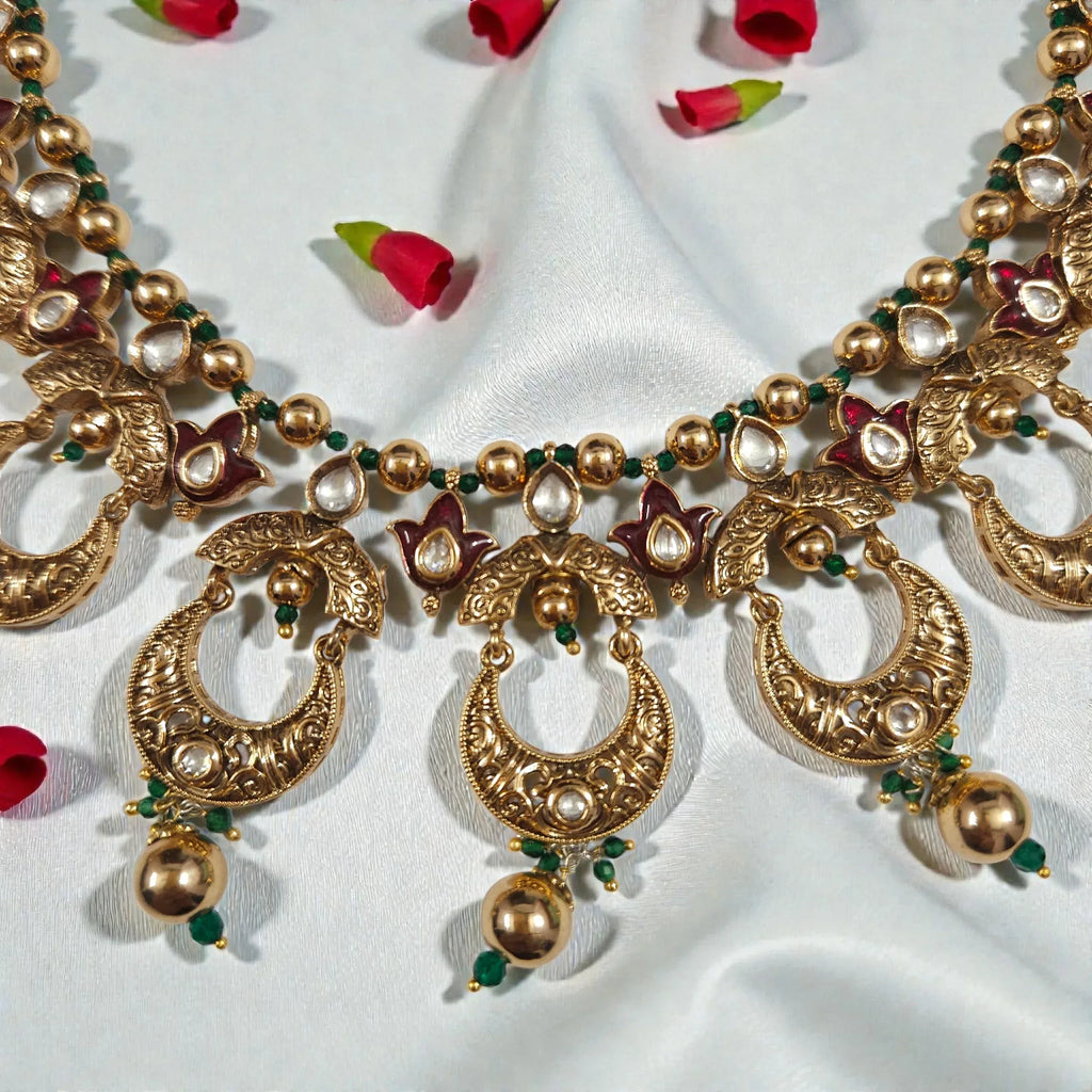 Antique Gold AC Kundan Necklace Set with Ruby, Crescent Motifs & Green Bead Drops - Shangri 