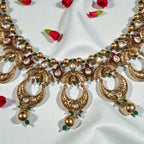 Antique Gold AC Kundan Necklace Set with Ruby, Crescent Motifs & Green Bead Drops - Shangri 