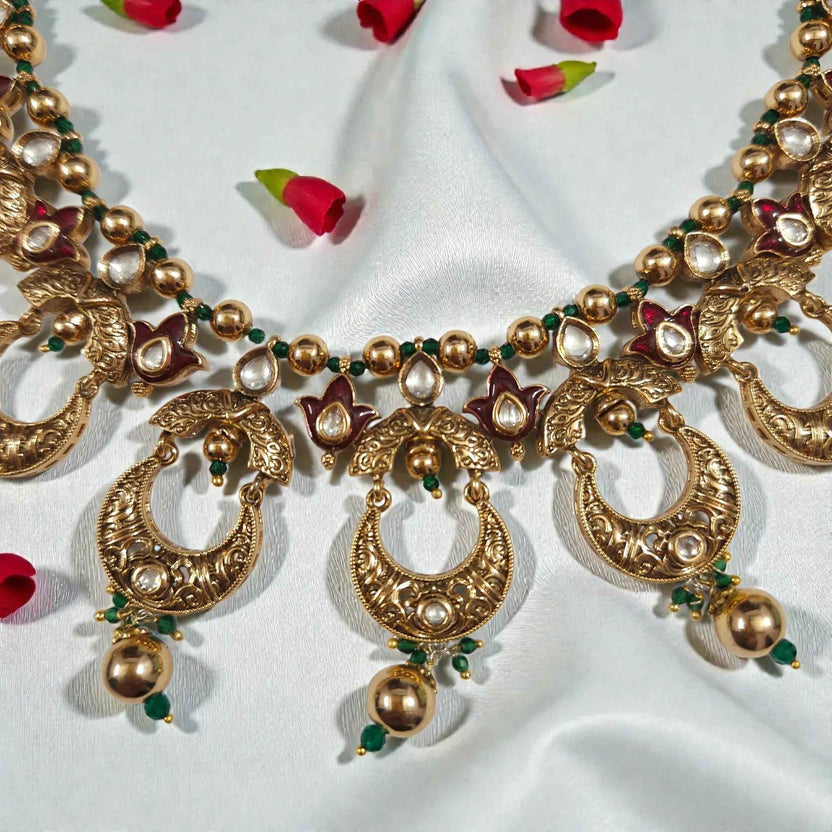 Antique Gold AC Kundan Necklace Set with Ruby, Crescent Motifs & Green Bead Drops
