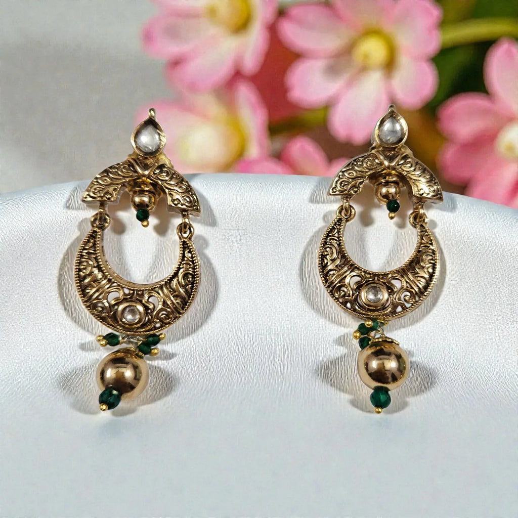 Antique Gold AC Kundan Necklace Set with Ruby, Crescent Motifs & Green Bead Drops - Shangri 