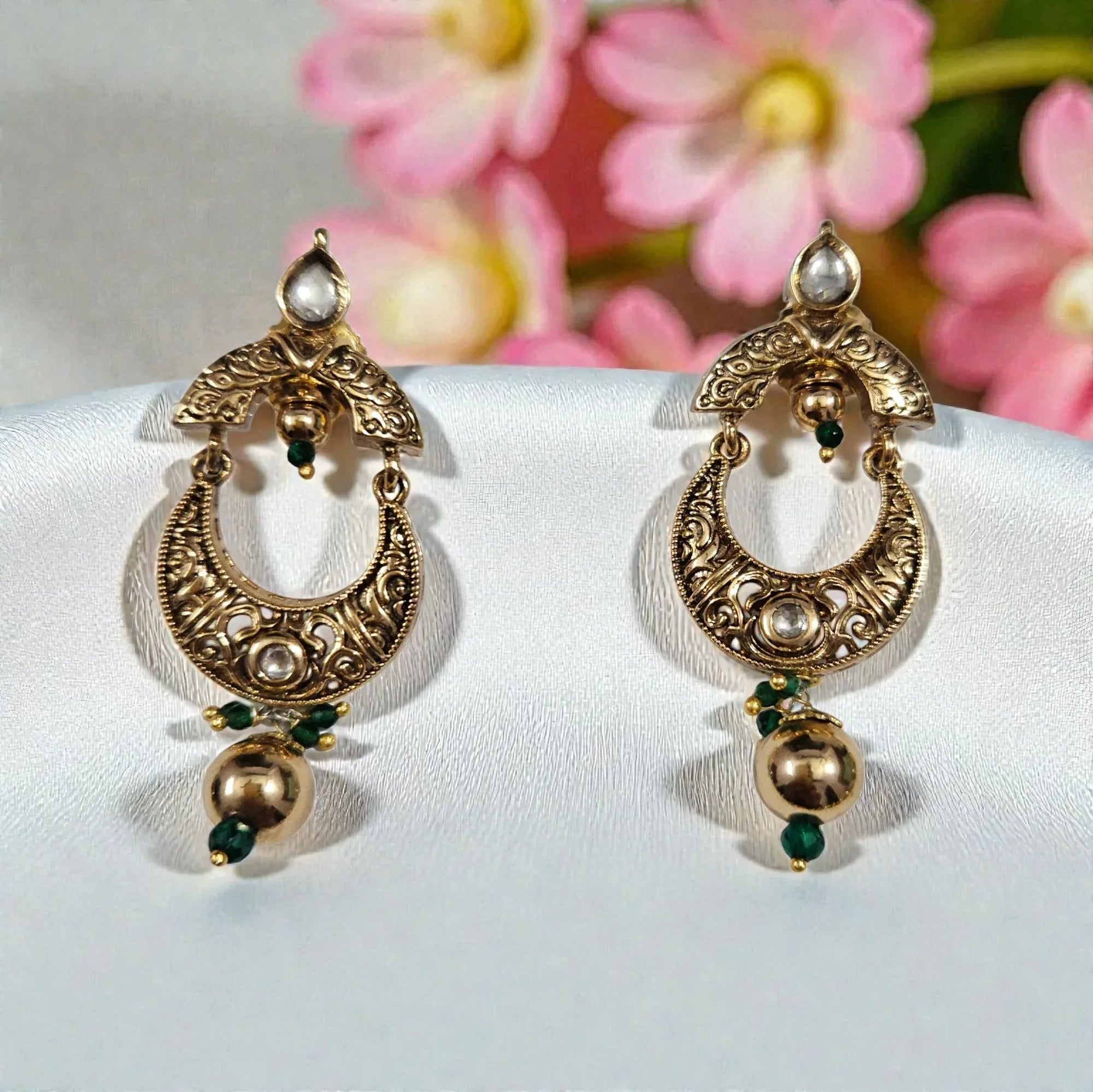 Antique Gold AC Kundan Necklace Set with Ruby, Crescent Motifs & Green Bead Drops - Shangri 