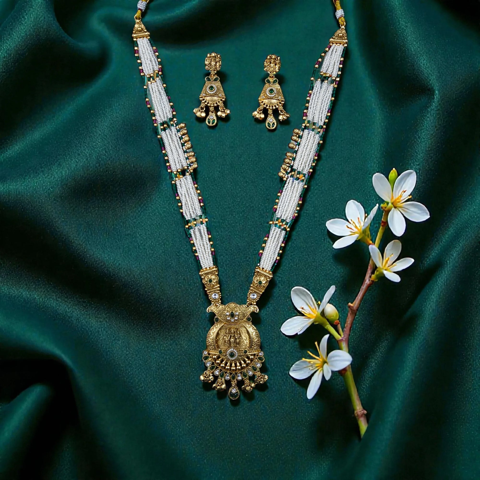 Traditional Antique Ram Darbar Temple Necklace Set with Bead Detailing - Shangri 