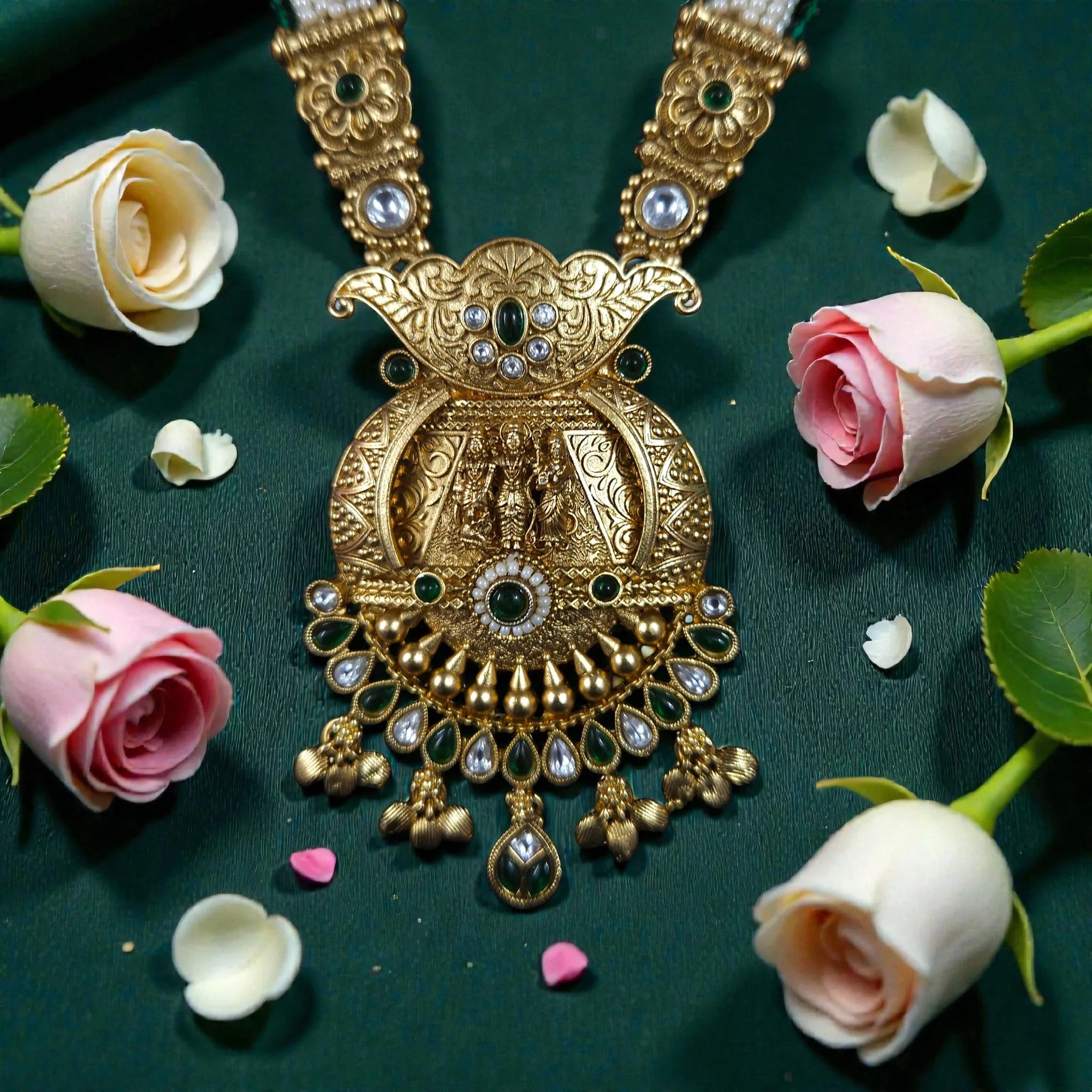 Traditional Antique Ram Darbar Temple Necklace Set with Bead Detailing - Shangri 