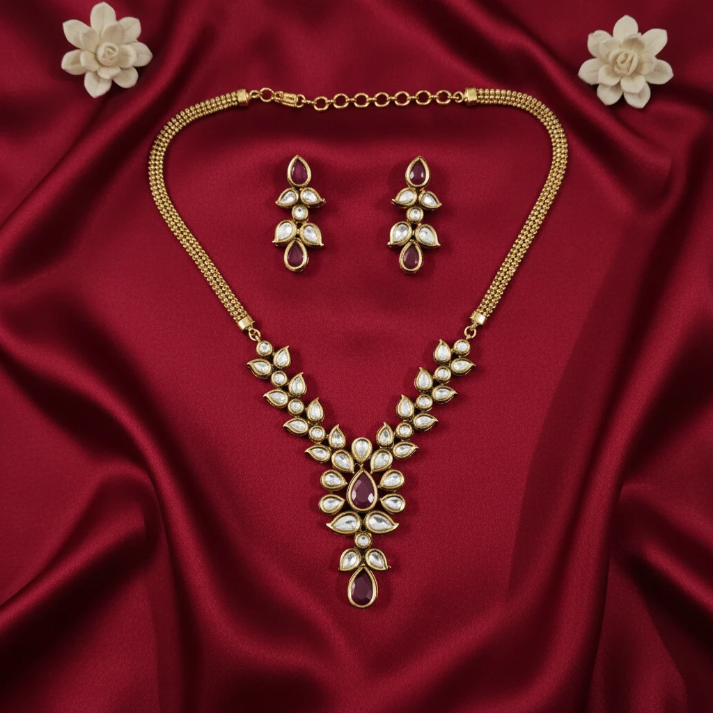 Premium AC Kundan Necklace Set with Ruby Red Accents