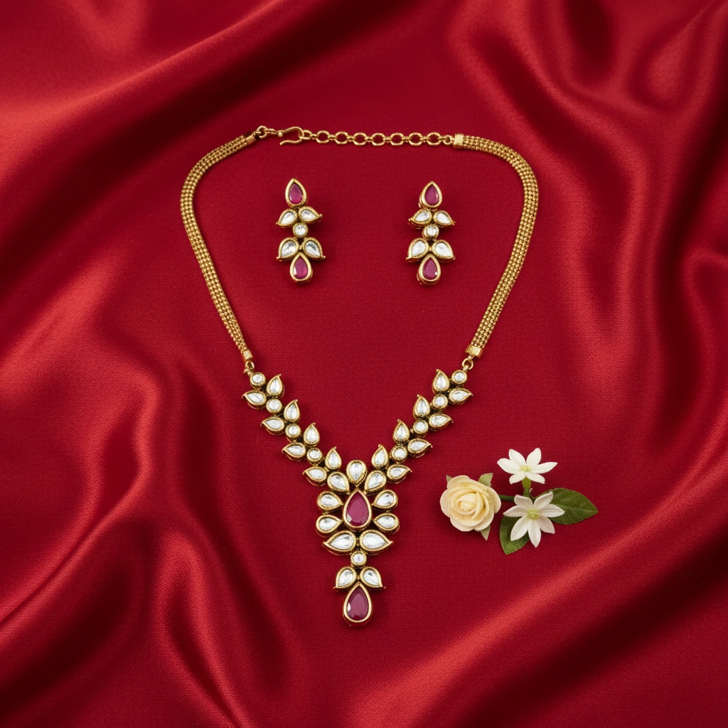 Premium AC Kundan Necklace Set with Ruby Red Accents
