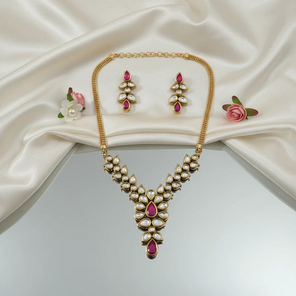 Premium AC Kundan Necklace Set with Ruby Red Accents