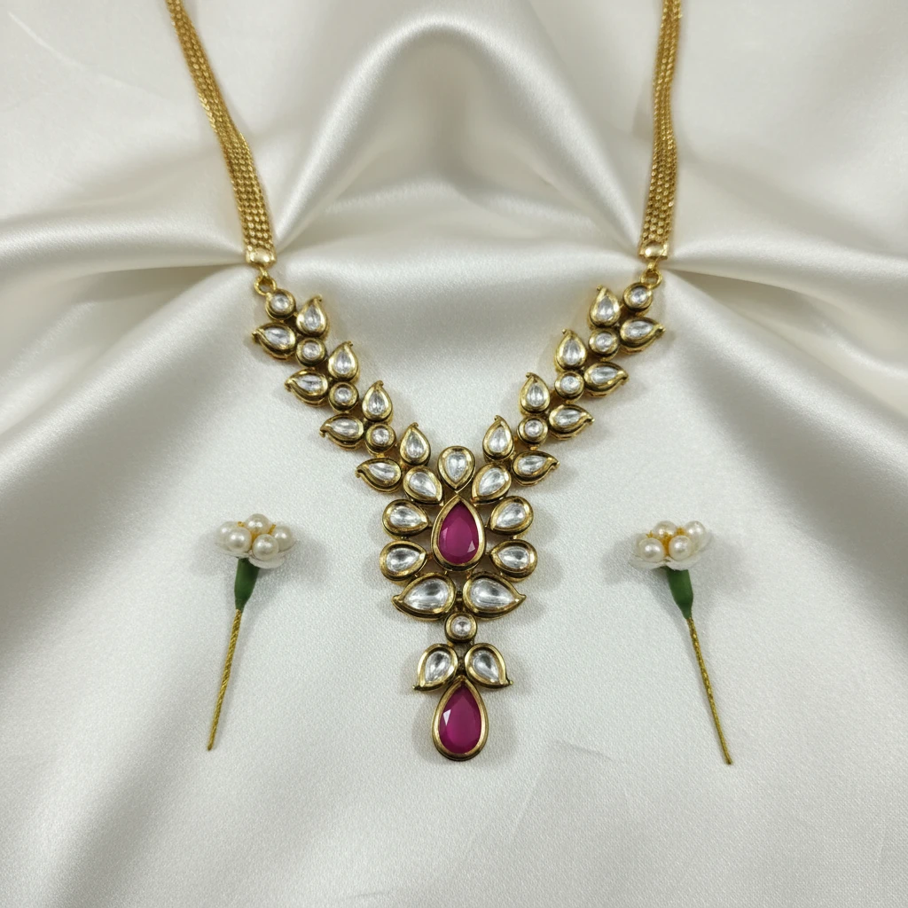 Premium AC Kundan Necklace Set with Ruby Red Accents
