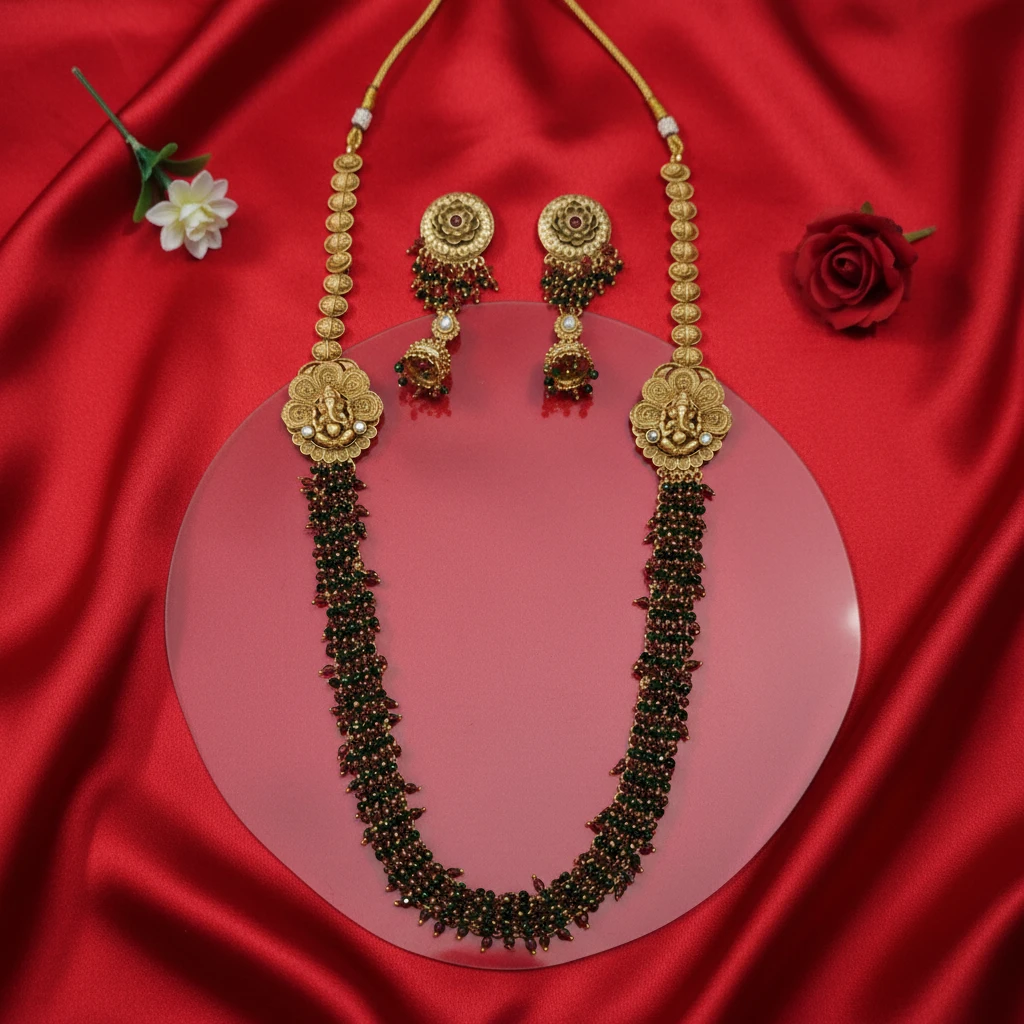 Shangri Premium Ganesha Motif Long Necklace Set with Red & Green Beads