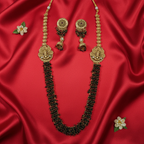 Shangri Premium Ganesha Motif Long Necklace Set with Red & Green Beads