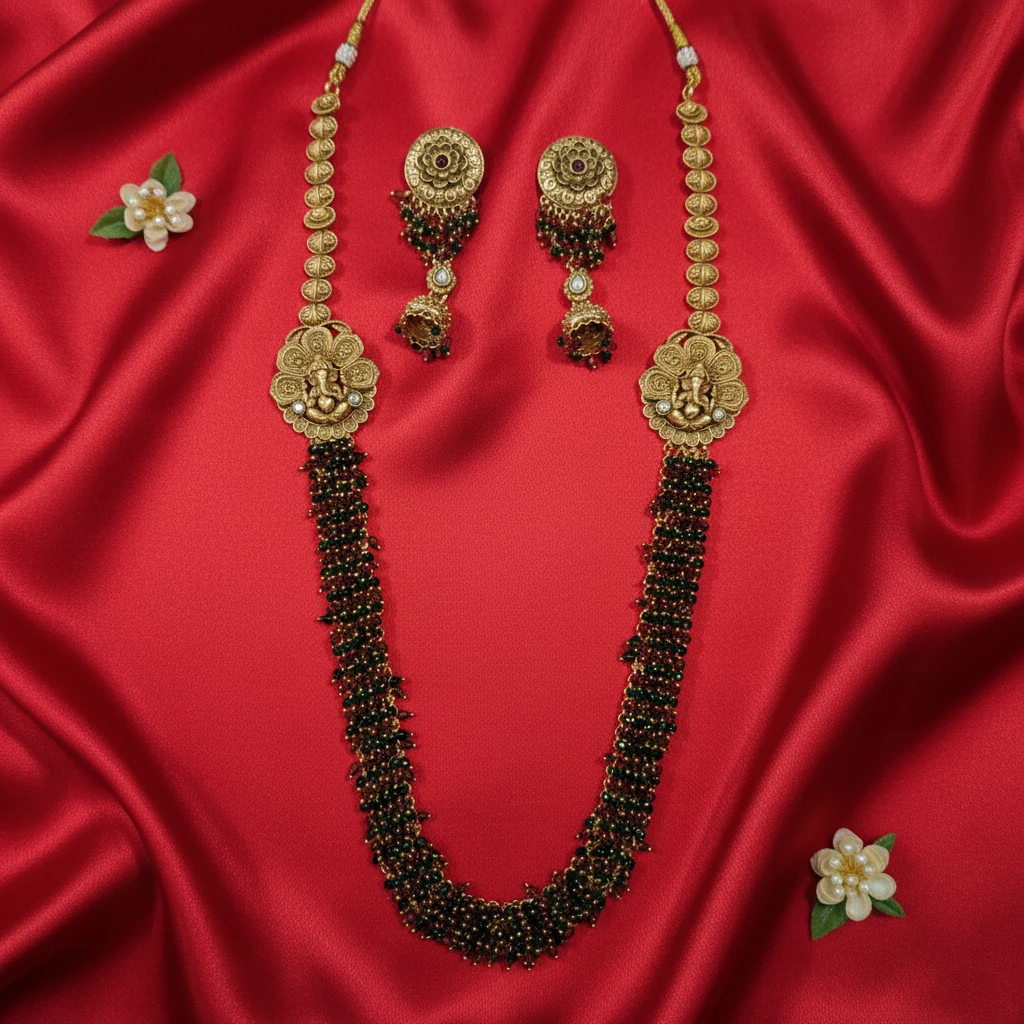 Shangri Premium Ganesha Motif Long Necklace Set with Red & Green Beads