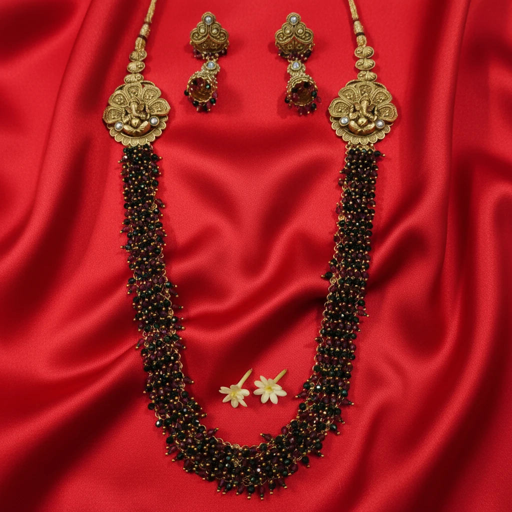 Shangri Premium Ganesha Motif Long Necklace Set with Red & Green Beads