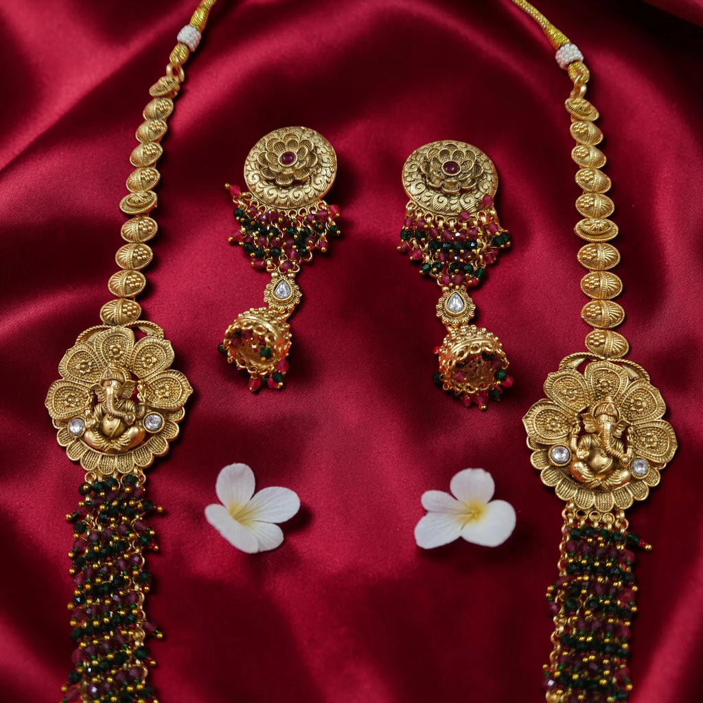 Shangri Premium Ganesha Motif Long Necklace Set with Red & Green Beads