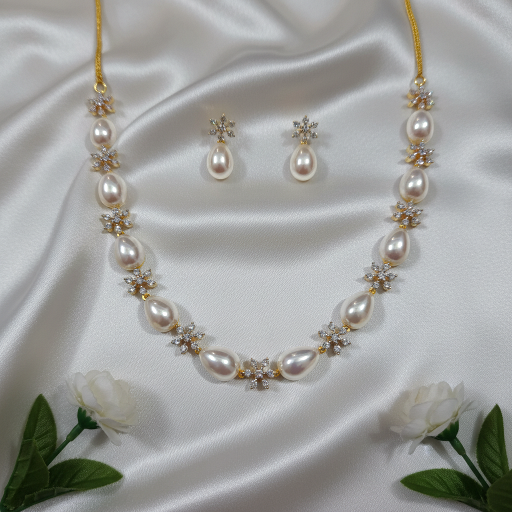 Shangri Elegant Pearl & AD Stone Necklace Set