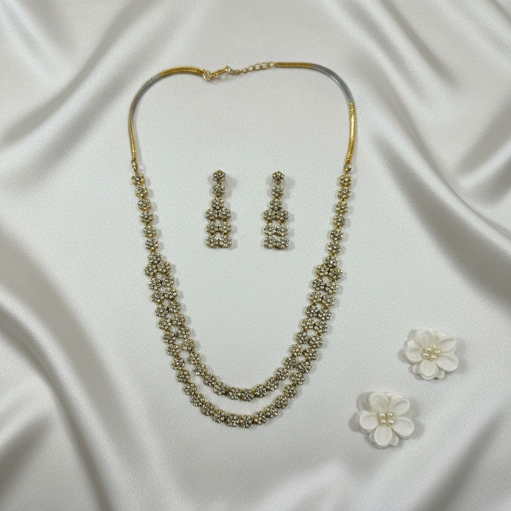 Shangri Elegant Double-Layer AD Mehendi Polish Floral Necklace Set