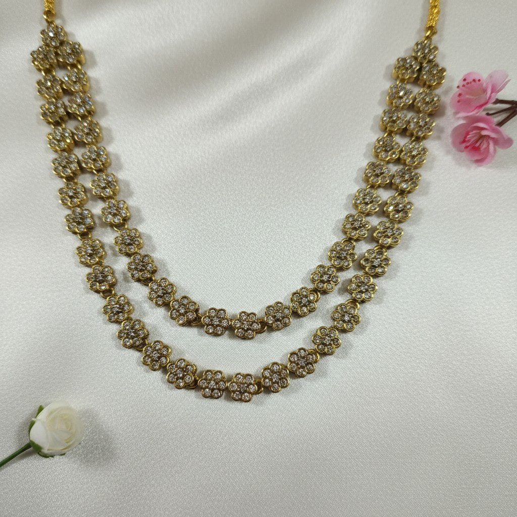 Shangri Elegant Double-Layer AD Mehendi Polish Floral Necklace Set