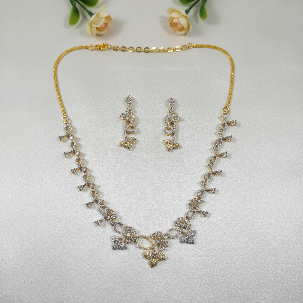Shangri Floral Gold Plated AD Necklace Set