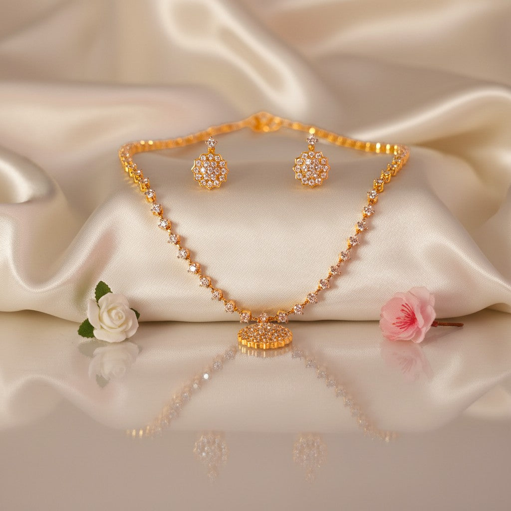 Shangri Elegant Gold Plated AD Stone Necklace and Earrings Set
