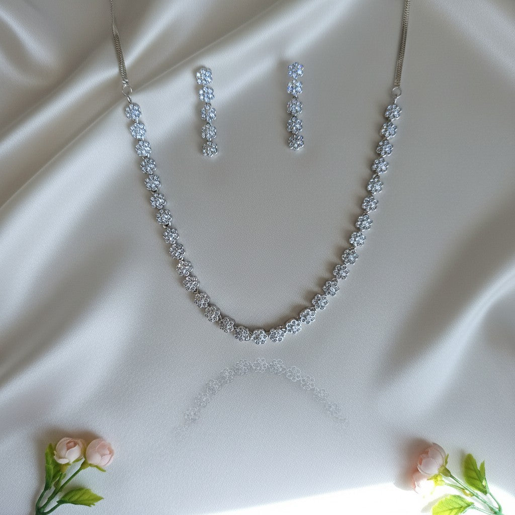Shangri Silver-Tone Floral American Diamond Necklace & Earrings Set