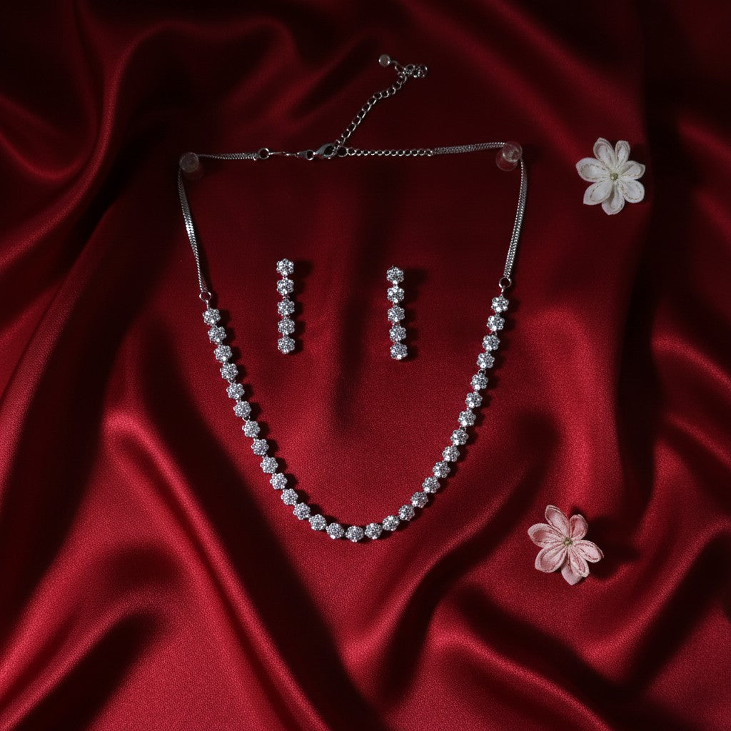 Shangri Silver-Tone Floral American Diamond Necklace & Earrings Set