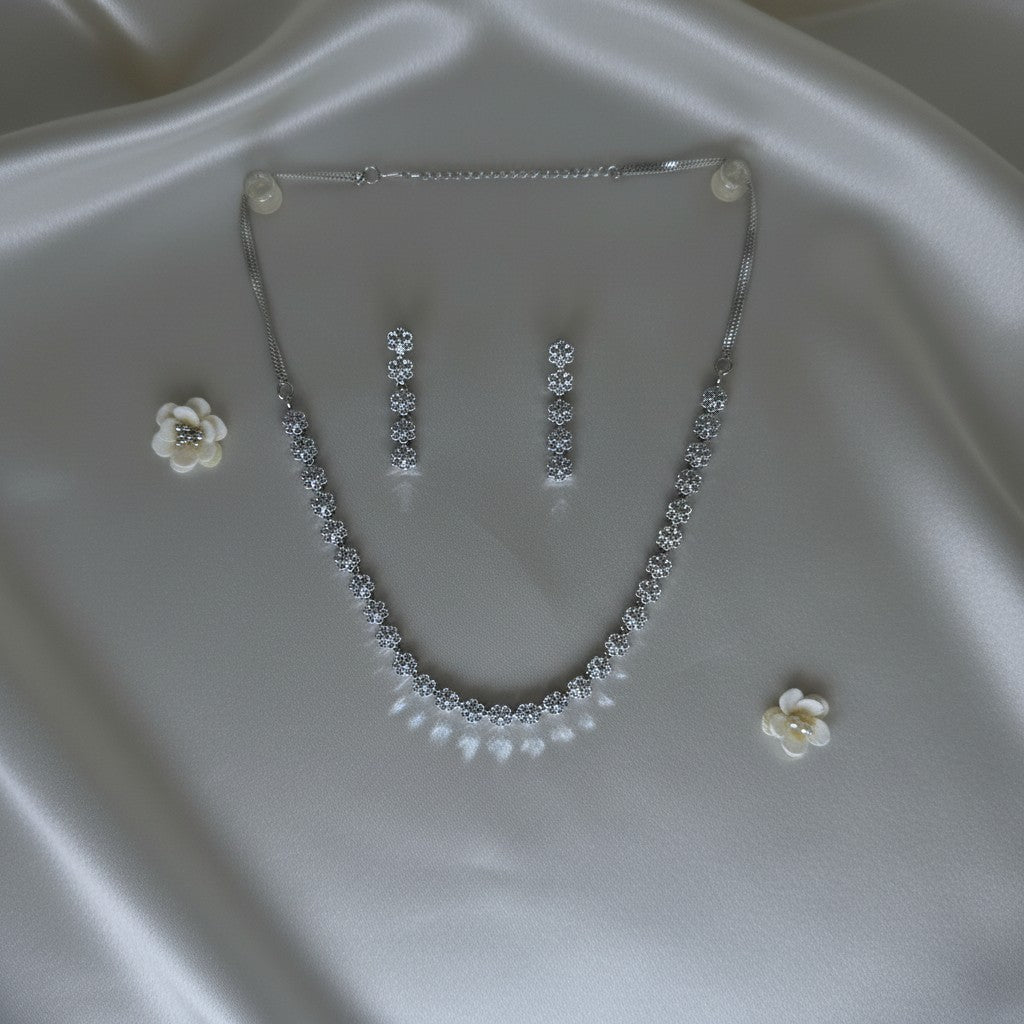 Shangri Silver-Tone Floral American Diamond Necklace & Earrings Set
