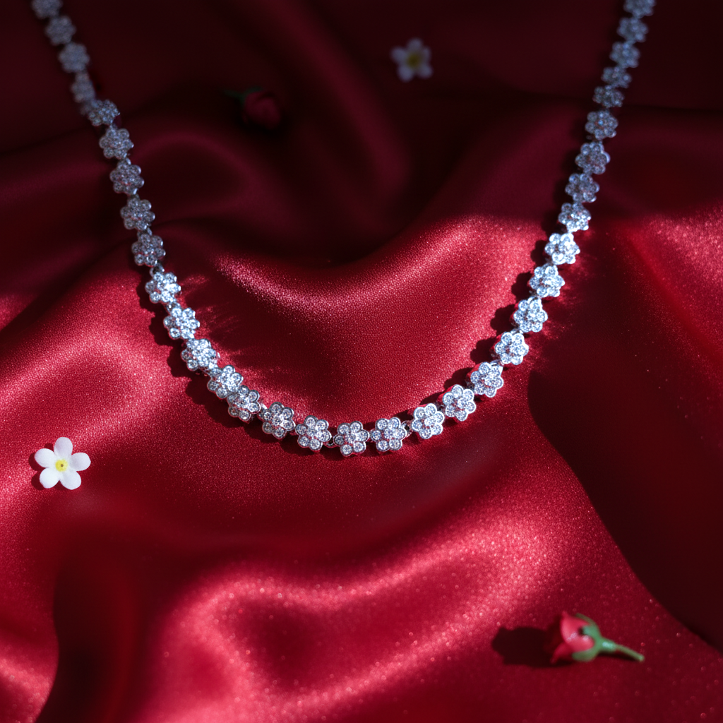 Shangri Silver-Tone Floral American Diamond Necklace & Earrings Set