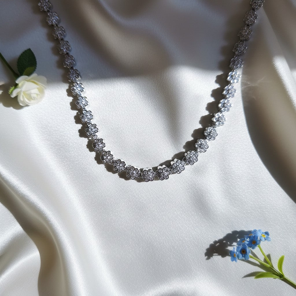 Shangri Silver-Tone Floral American Diamond Necklace & Earrings Set