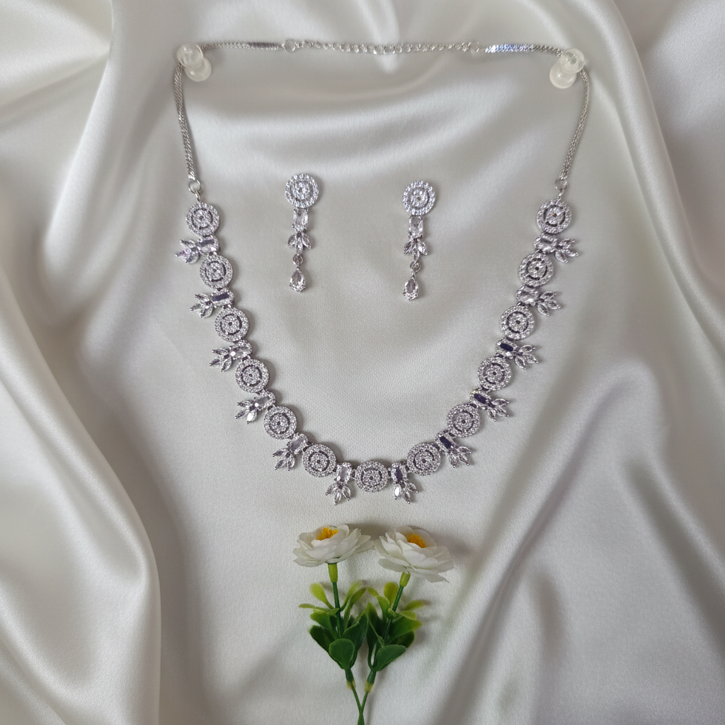 Shangri Elegant Silver-White American Diamond Necklace Set