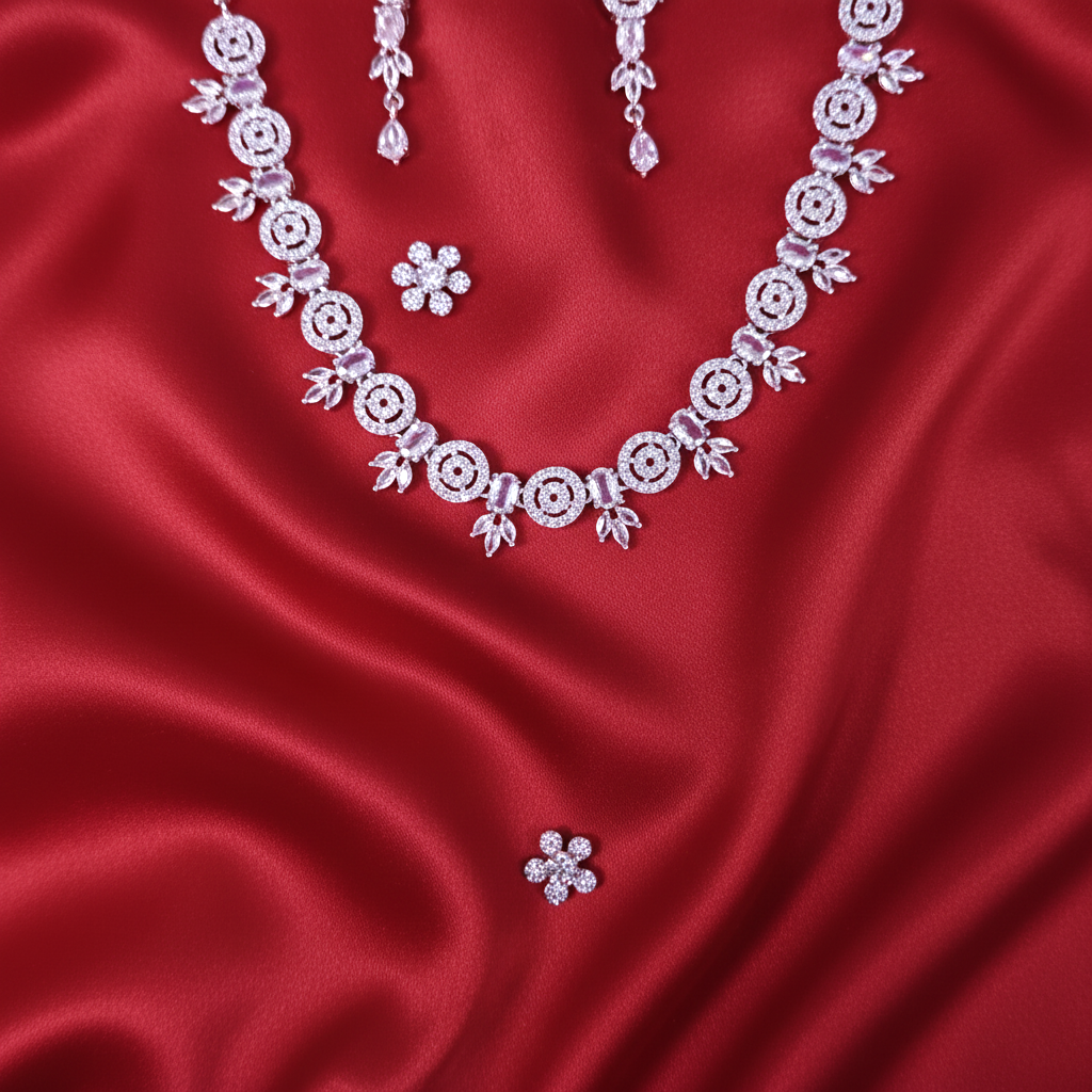 Shangri Elegant Silver-White American Diamond Necklace Set