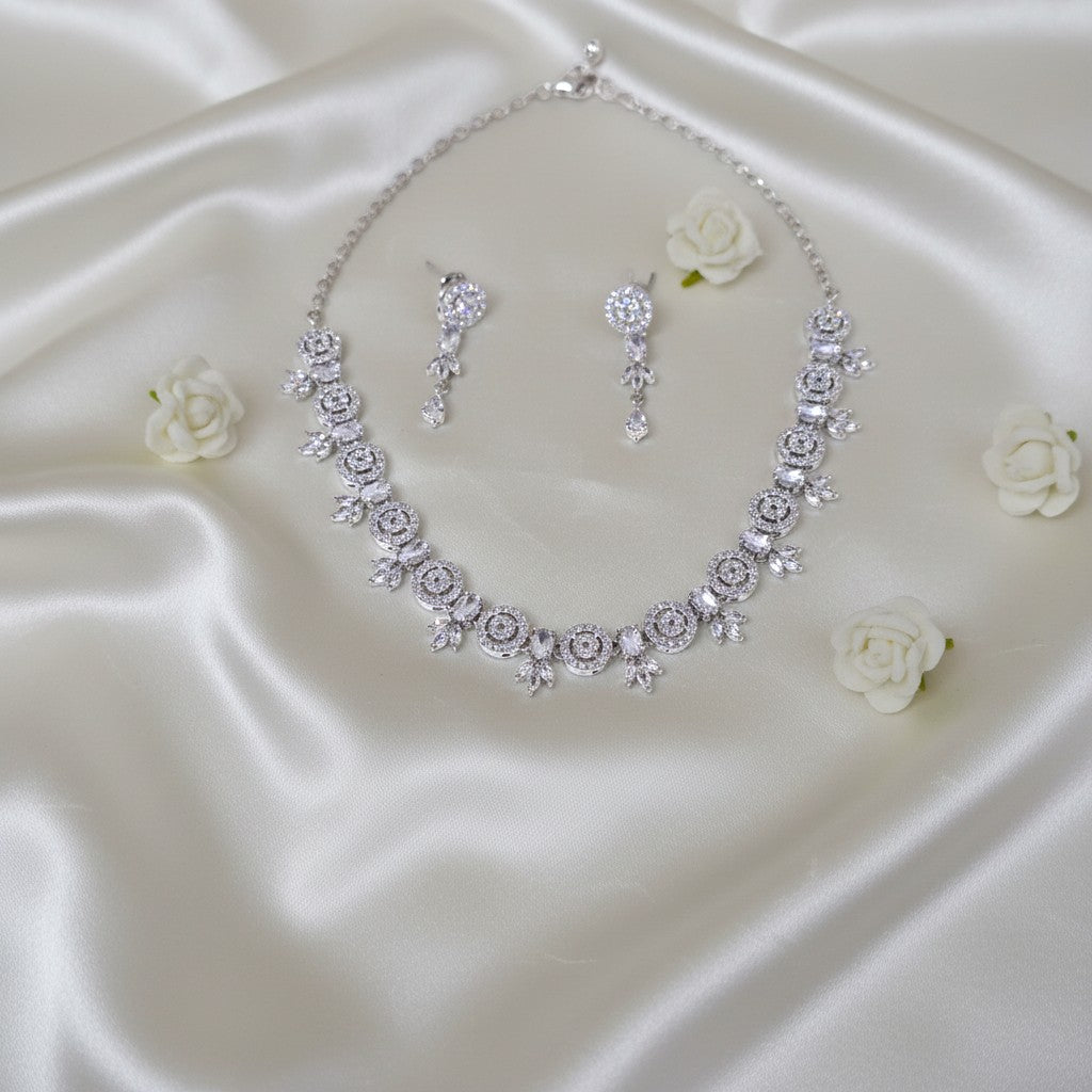 Shangri Elegant Silver-White American Diamond Necklace Set