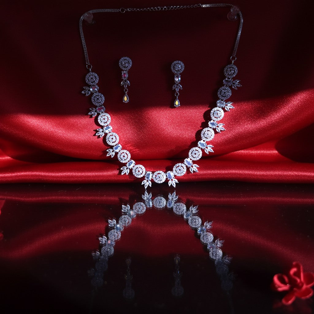 Shangri Elegant Silver-White American Diamond Necklace Set