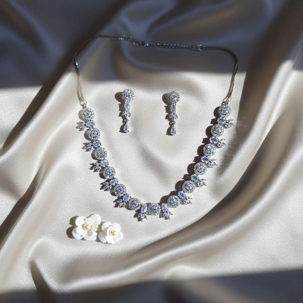 Shangri Elegant Silver-White American Diamond Necklace Set