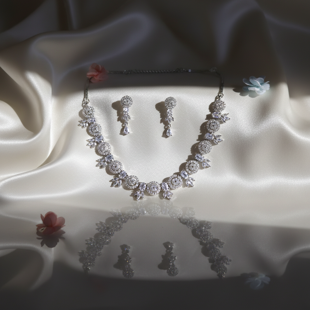 Shangri Elegant Silver-White American Diamond Necklace Set
