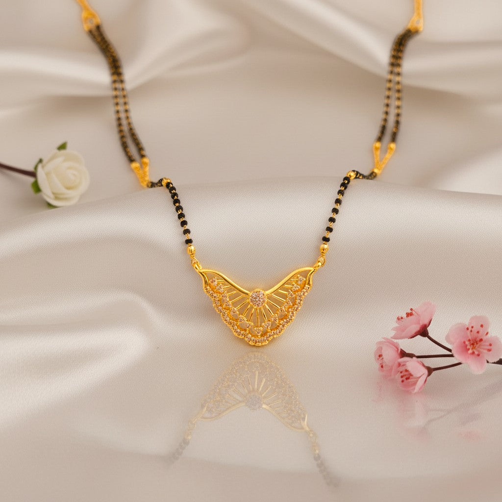 Elegant Gold-Tone Mangalsutra with Black Beads & Sparkling Pendant