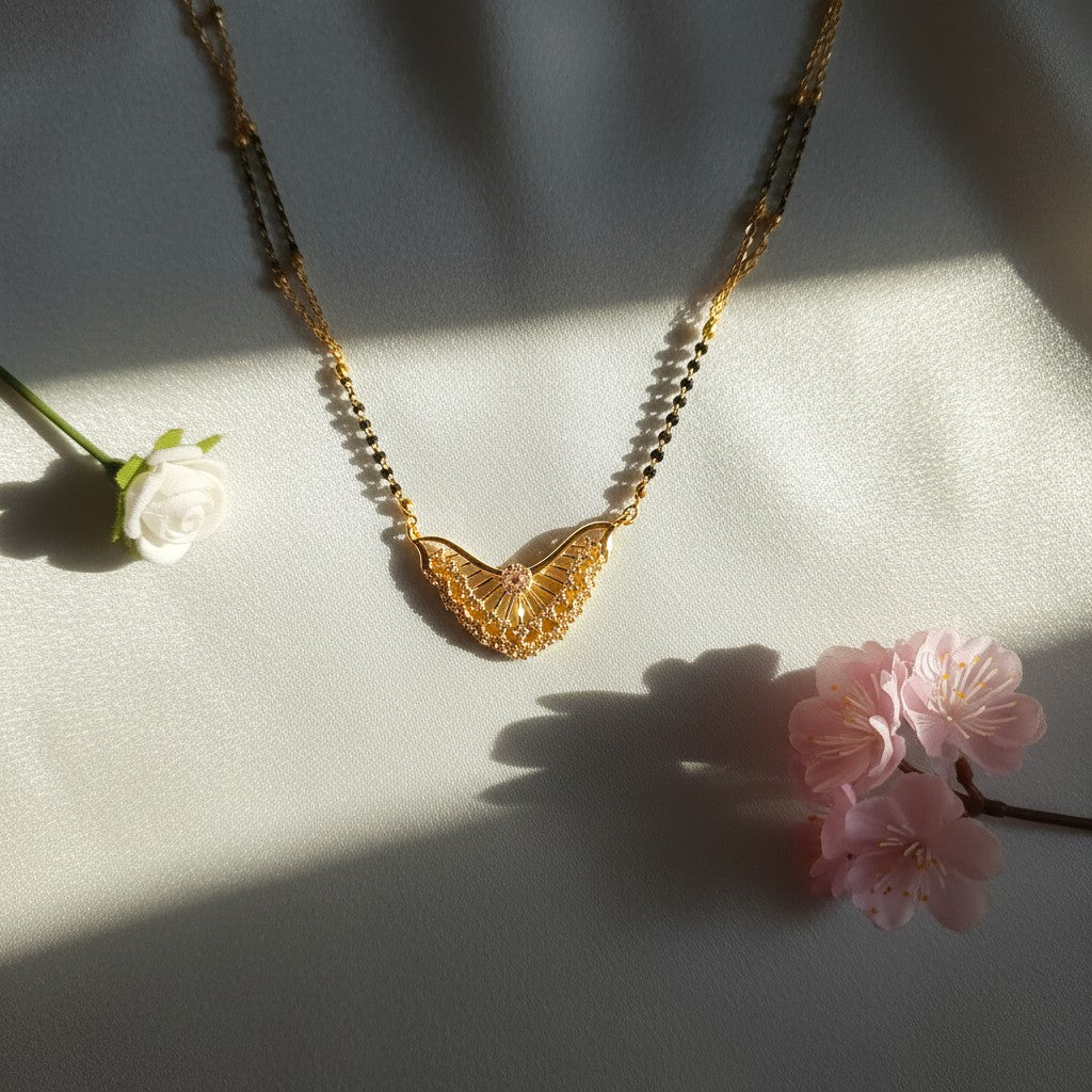 Elegant Gold-Tone Mangalsutra with Black Beads & Sparkling Pendant