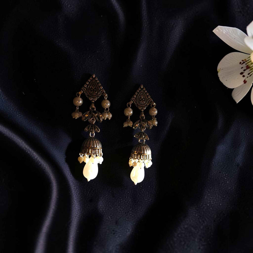Vintage Silver Jhumkas with Pearl Drops