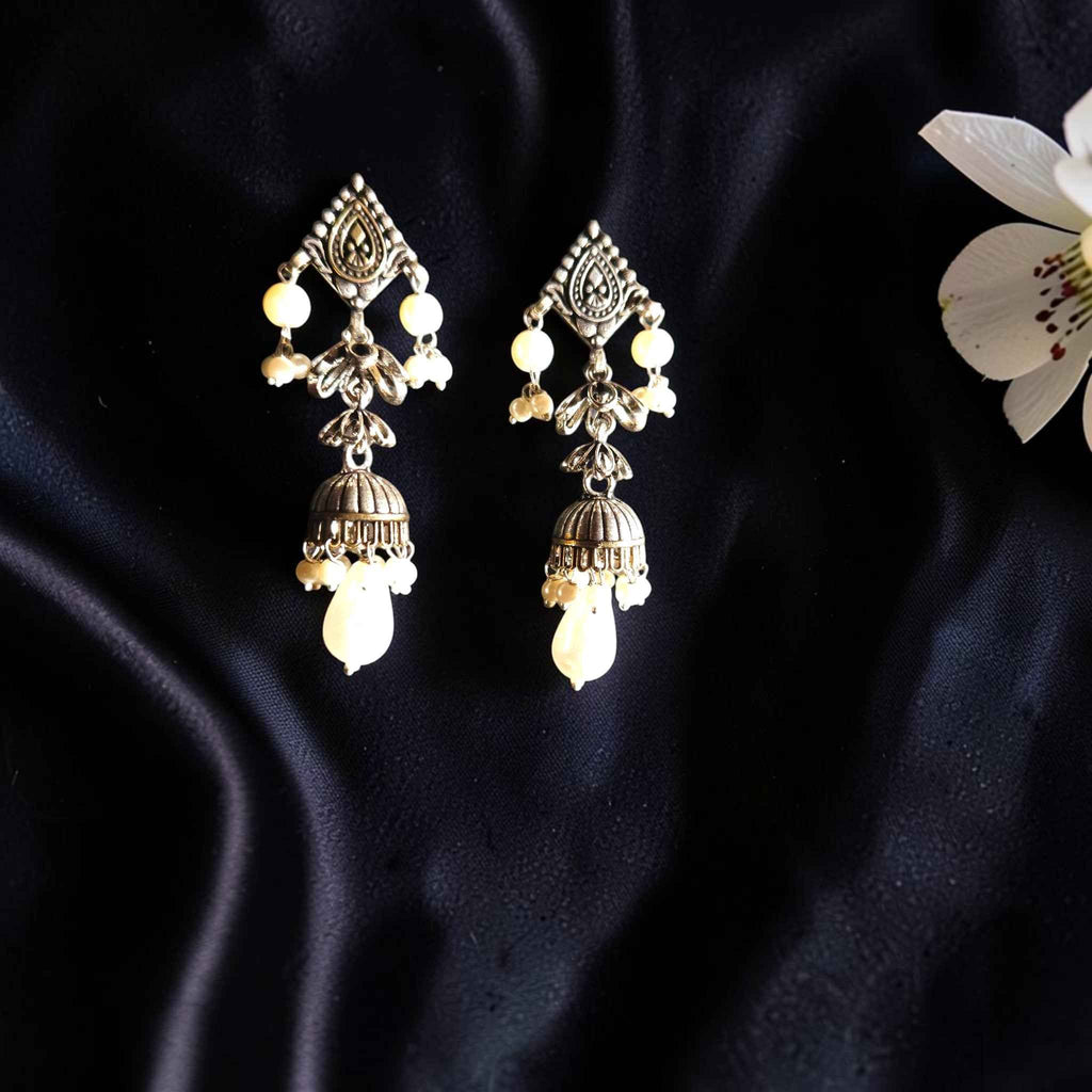 Vintage Silver Jhumkas with Pearl Drops