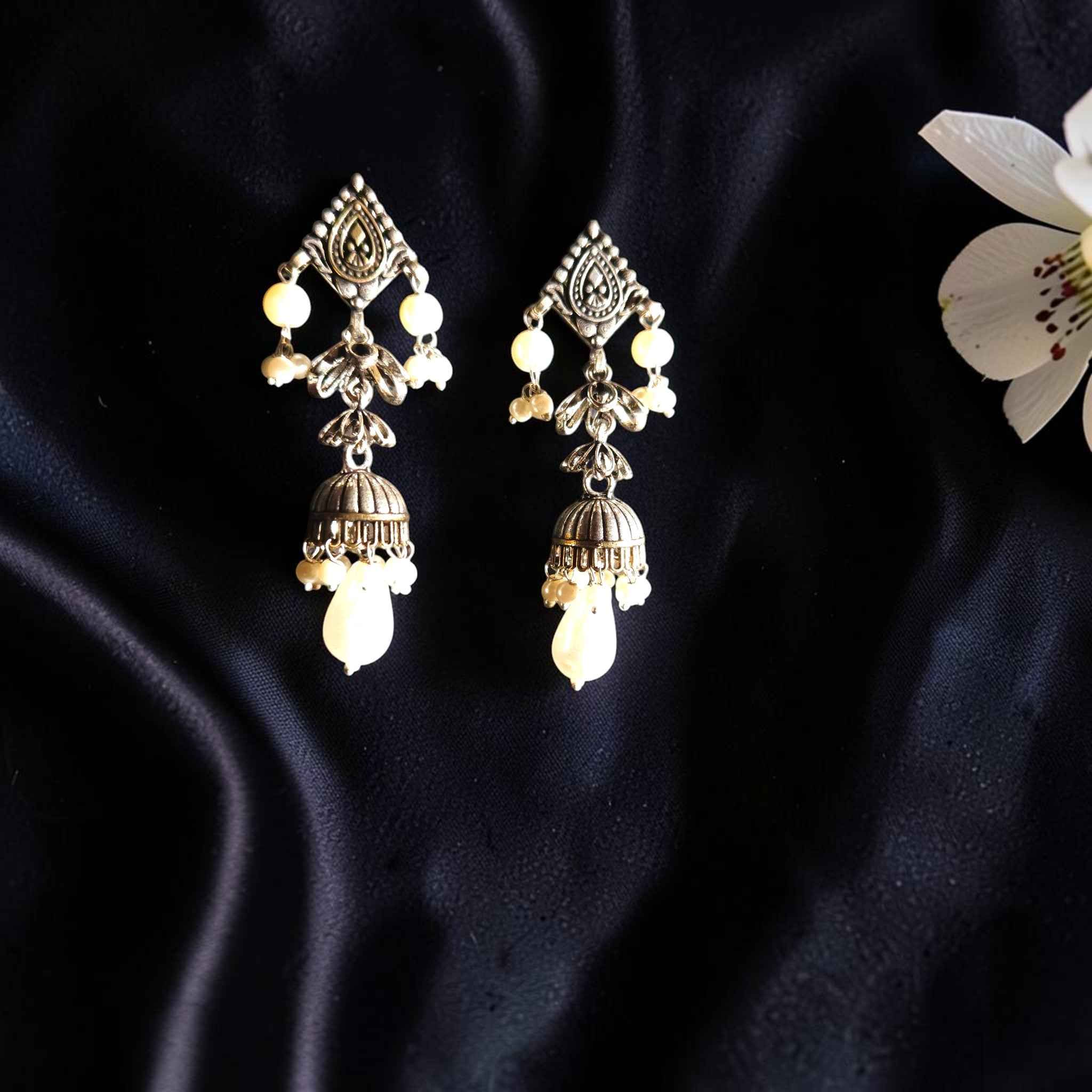 Vintage Silver Jhumkas with Pearl Drops