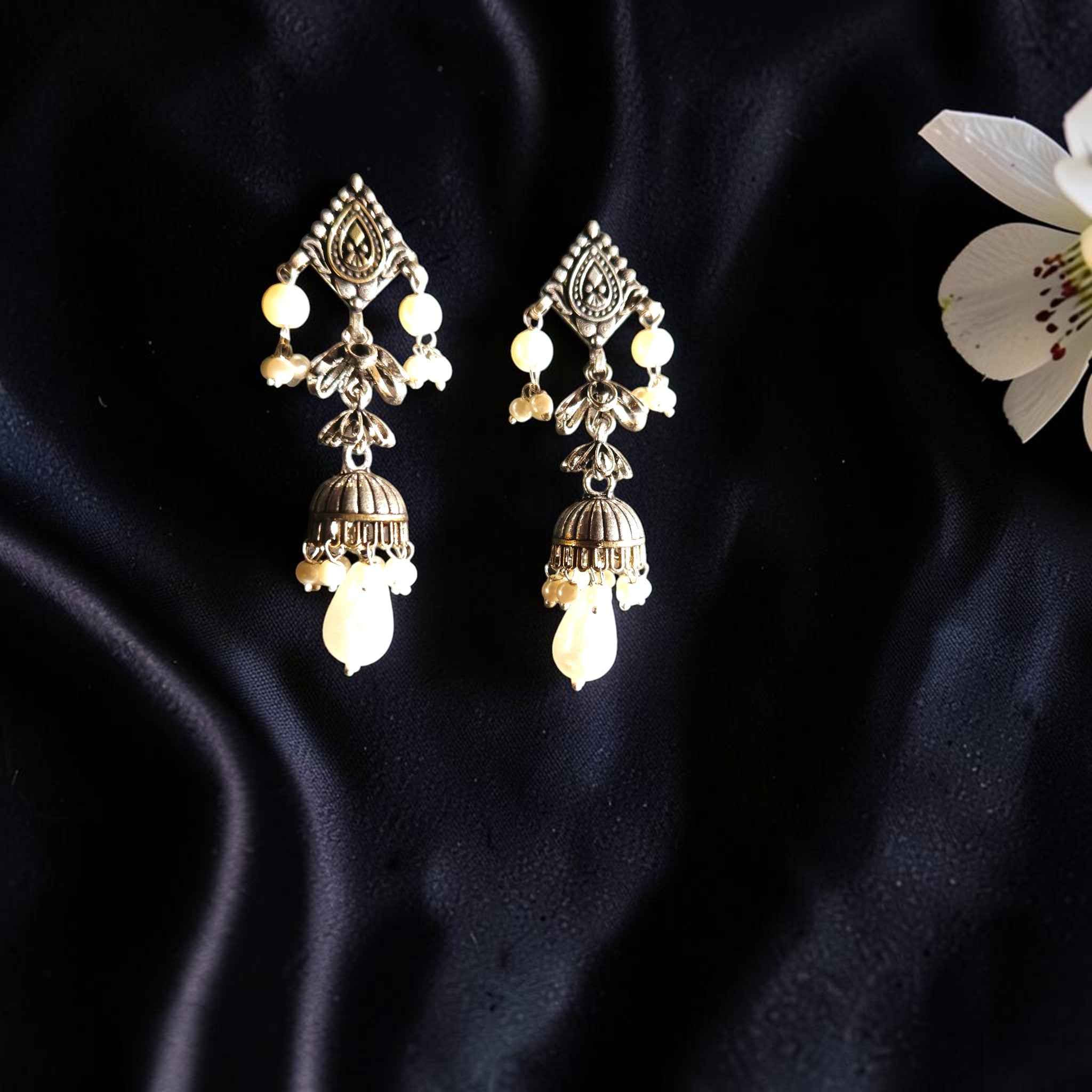 Vintage Silver Jhumkas with Pearl Drops