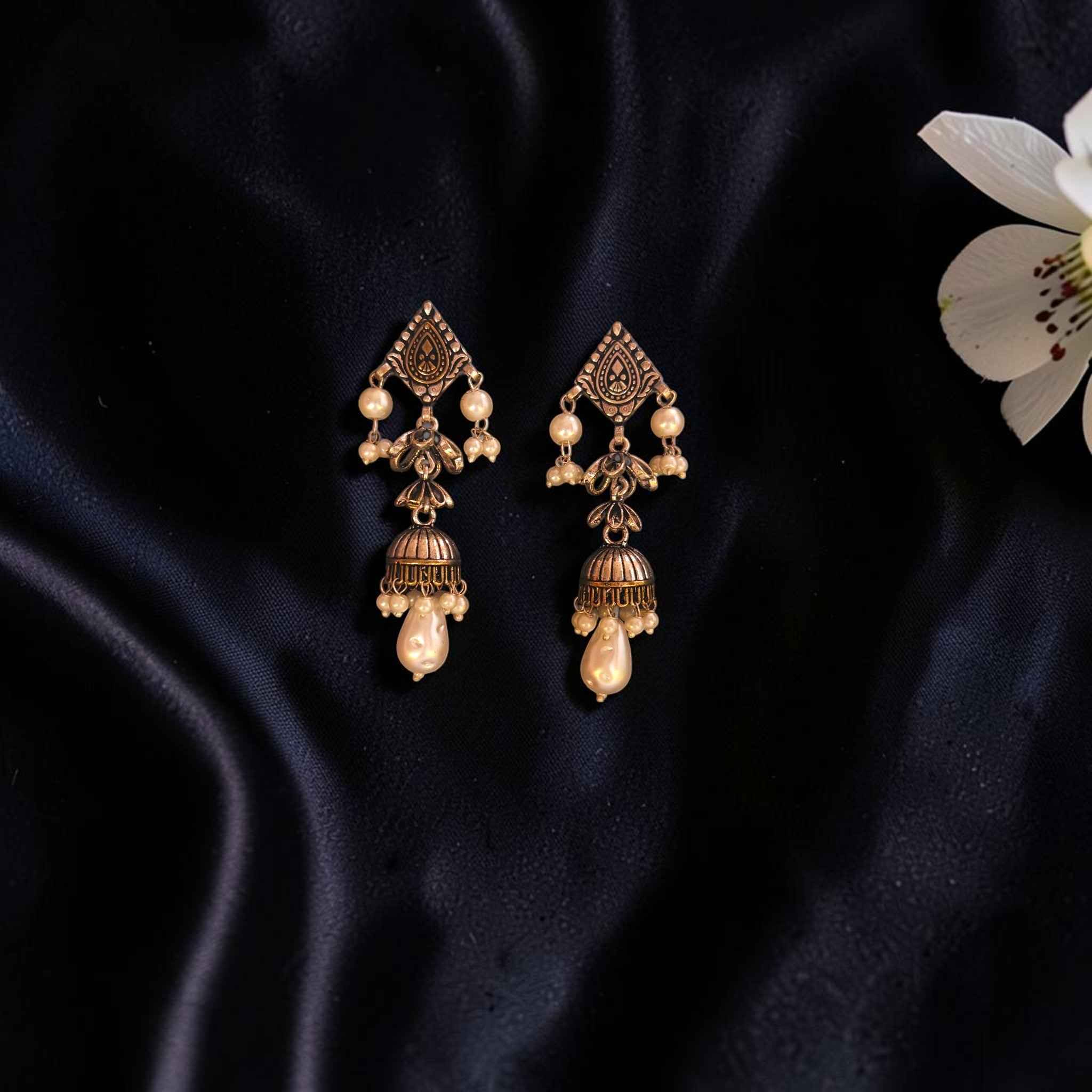 Vintage Silver Jhumkas with Pearl Drops