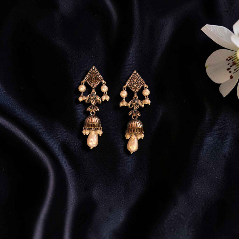 Vintage Silver Jhumkas with Pearl Drops