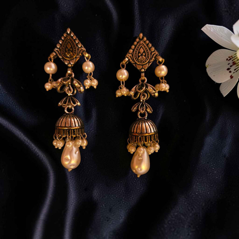 Vintage Silver Jhumkas with Pearl Drops