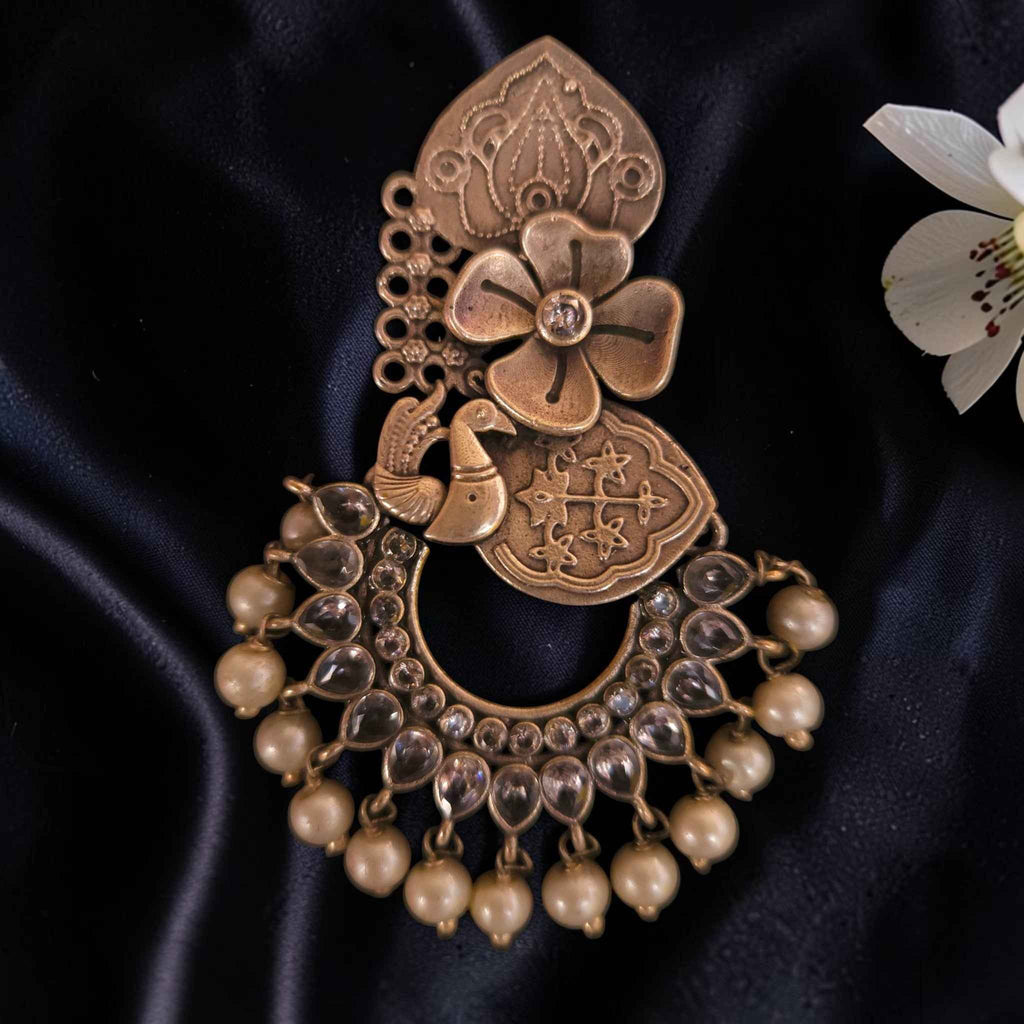 Shangri Antique Gold-Toned Pearl Chandbali Earrings