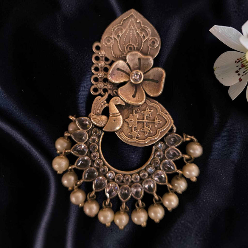 Shangri Antique Gold-Toned Pearl Chandbali Earrings