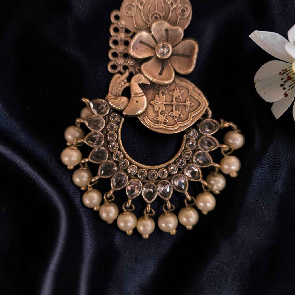 Shangri Antique Gold-Toned Pearl Chandbali Earrings